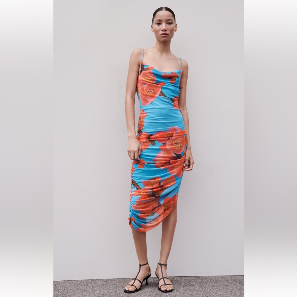 ZARA DRAPED PRINTED TULLE OPEN BACK DRESS SIZE M Blue/Red 5039/203 NWT